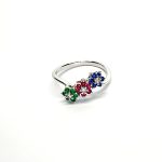 "18ct White Gold Sapphire, Ruby, Emerald & Diamond Three-Cluster Ring: Mesmerizing beauty with vibrant gemstones, exquisite craftsmanship, elegant crossover wave shank, and unmatched quality."