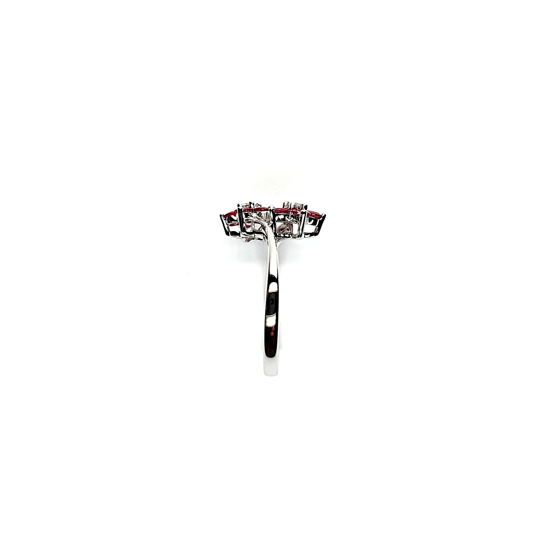 Ruby Double Cluster Ring with claw settings crafted in 18ct white gold featuring two clusters of five round bright red rubies with a single diamond centre to each cluster