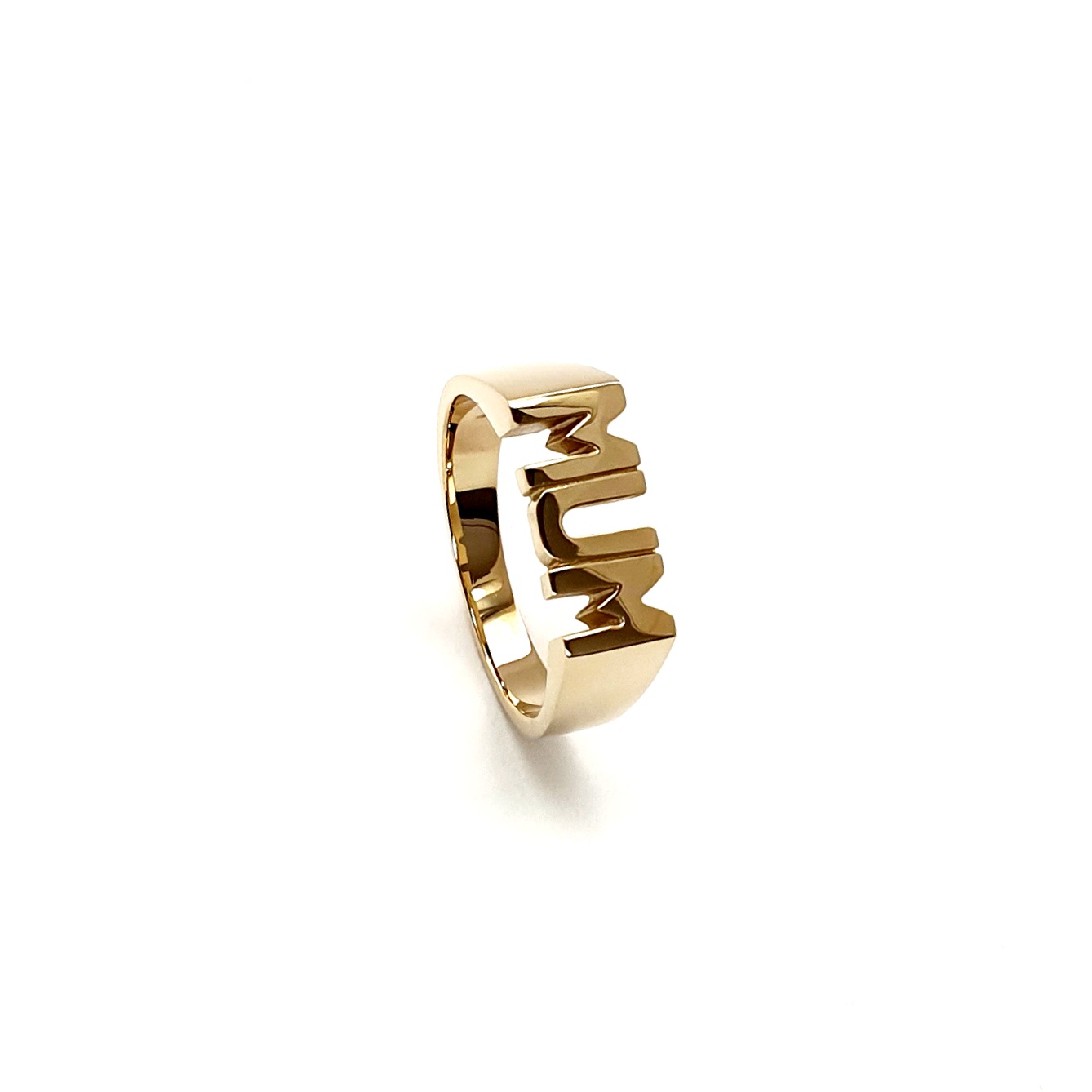 Solid 9ct Gold Mum Ring - Highly polished, London workshop-crafted tribute to motherhood, customizable with optional hand engraving.