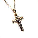 Tuebrook 9ct Yellow & White Gold Crucifix Necklace - A captivating necklace showcasing a yellow gold cross with intricate white gold Jesus and INRI detailing. The back is plain polished gold representing faith and elegance.