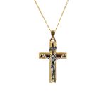 Tuebrook 9ct Yellow & White Gold Crucifix Necklace - A captivating necklace showcasing a yellow gold cross with intricate white gold Jesus and INRI detailing. The back is plain polished gold representing faith and elegance.