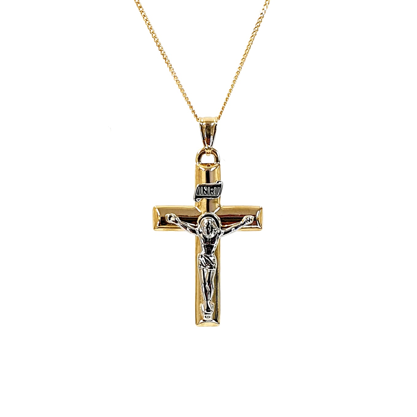 Tuebrook 9ct Yellow & White Gold Crucifix Necklace - A captivating necklace showcasing a yellow gold cross with intricate white gold Jesus and INRI detailing. The back is plain polished gold representing faith and elegance.