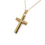 Tuebrook 9ct Yellow & White Gold Crucifix Necklace - A captivating necklace showcasing a yellow gold cross with intricate white gold Jesus and INRI detailing. The back is plain polished gold representing faith and elegance.
