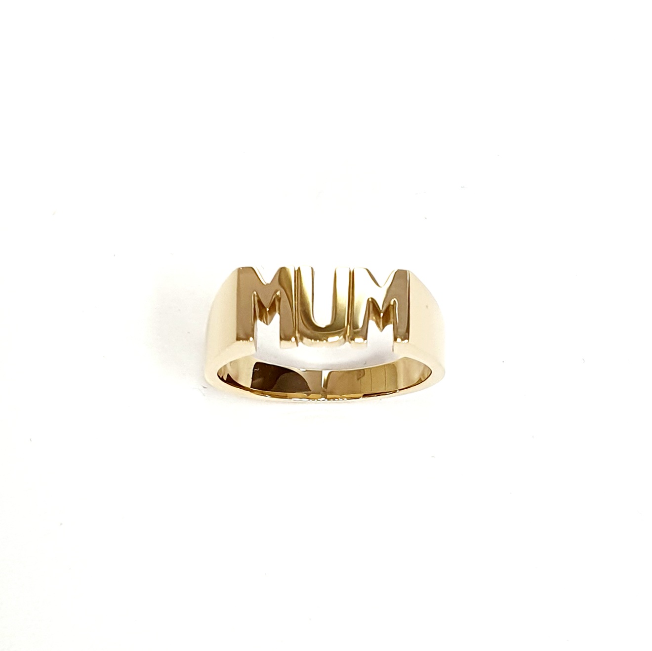 Solid 9ct Gold Mum Ring - Highly polished, London workshop-crafted tribute to motherhood, customizable with optional hand engraving.