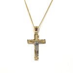 A yellow gold cross with an intricate white gold Jesus & a chris cross matt background with a contrasting sparkling diamond cut patterned edging.