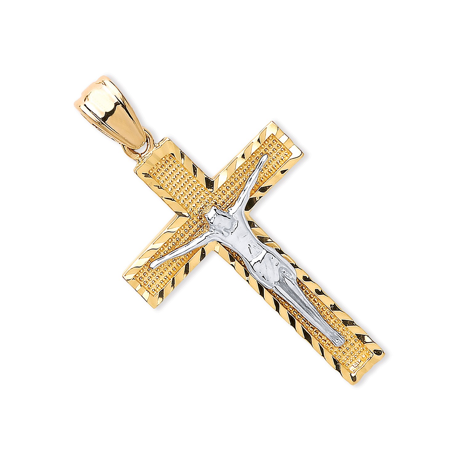 A yellow gold cross with an intricate white gold Jesus & a chris cross matt background with a contrasting sparkling diamond cut patterned edging.