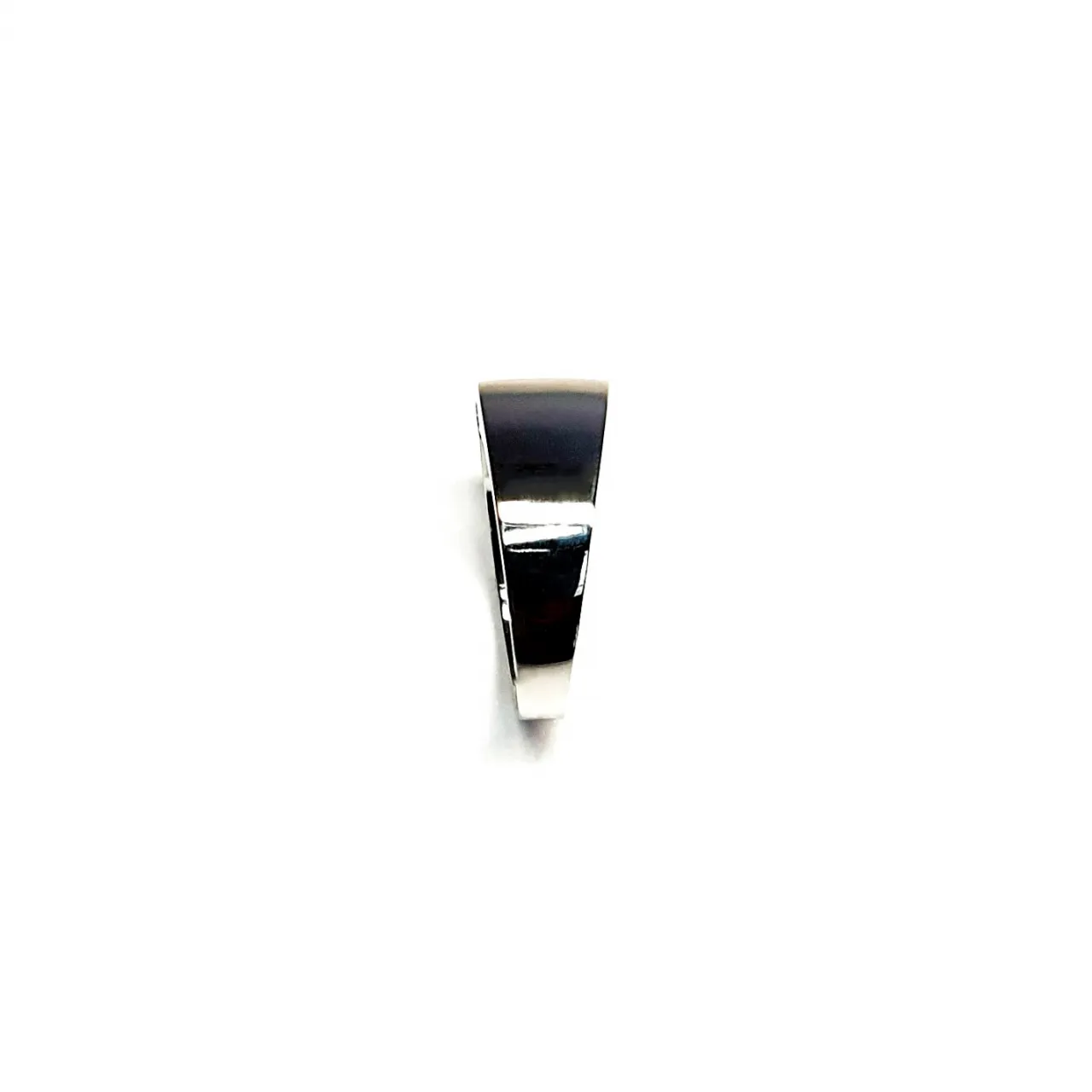 950 Platinum signet style ring set with three baguette diamonds in a landscape rub-over setting, showing directly from the shoulder side only