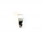 950 Platinum signet style ring set with three baguette diamonds in a landscape rub-over setting, showing from the shoulder side showing a slight view of the diamonds