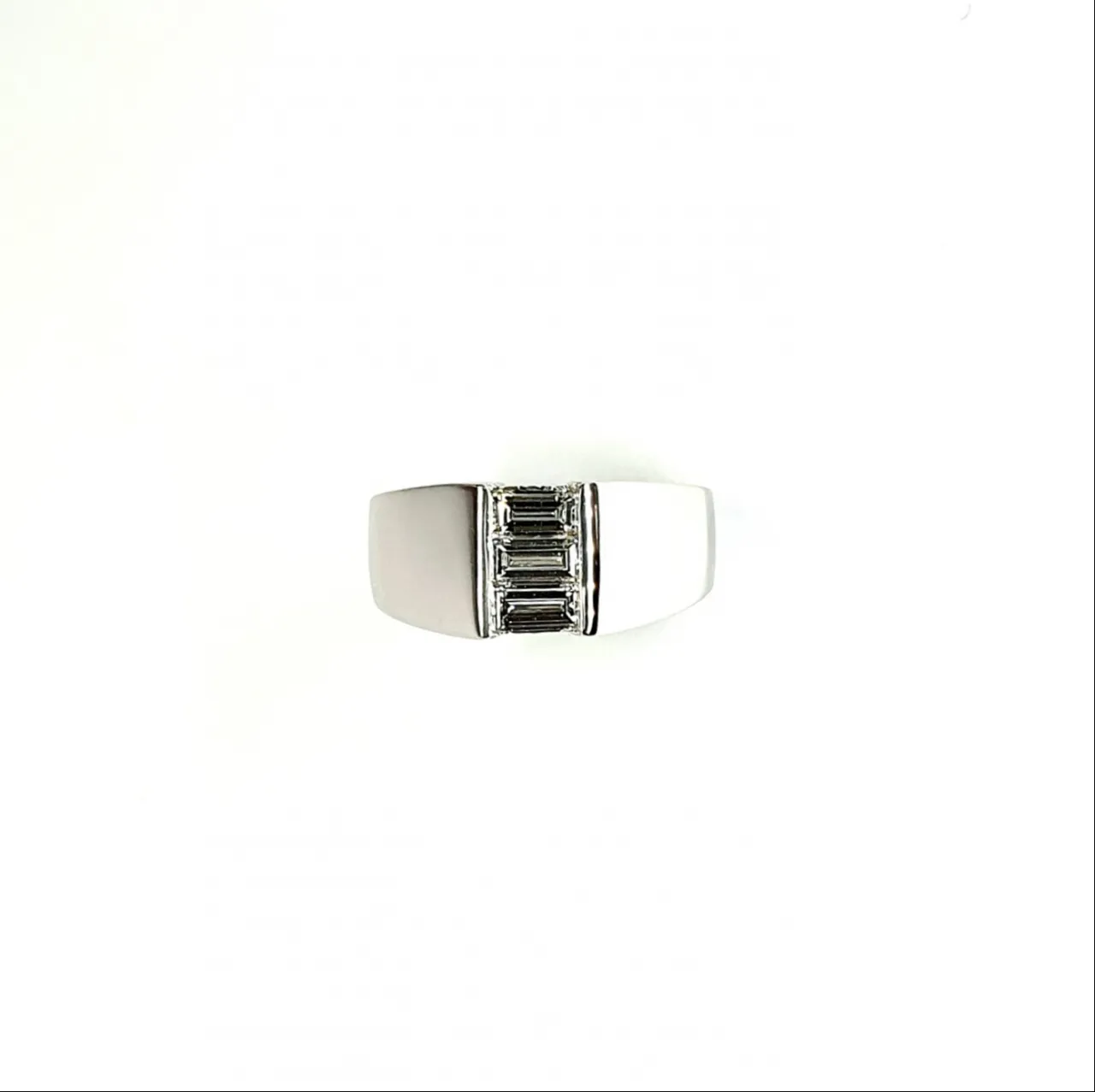 950 Platinum signet style ring set with three baguette diamonds in a landscape rub-over setting, showing directly from the top
