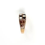 Vintage 1979 opal & dark blue sapphire 9ct gold landscape rectangular top ring measuring 18mm x 7.8mm set with five round cabochon cut opals & five round dark blue sapphires in a chequer formation with three hand engraved flowers to both—side shoulders..