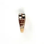 Vintage 1979 opal & dark blue sapphire 9ct gold landscape rectangular top ring measuring 18mm x 7.8mm set with five round cabochon cut opals & five round dark blue sapphires in a chequer formation with three hand engraved flowers to both—side shoulders..