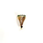 9ct yellow gold round jade abstract Pre-Loved ring measures 16mm x 15mm at the top & 5.8mm high with a single round flat Green Jade stone set on one side with a rub-over setting and a tree bark pattern, and four claws on the opposite side with a plain polished finish