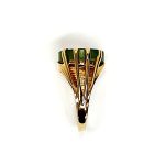 9ct yellow gold round jade abstract Pre-Loved ring measures 16mm x 15mm at the top & 5.8mm high with a single round flat Green Jade stone set on one side with a rub-over setting and a tree bark pattern, and four claws on the opposite side with a plain polished finish