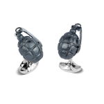 Sterling  silver hand grenade cufflinks the front grenade part is carefully enamelled in black and they have small domed oval spring link fitting backs in polished silver.