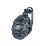 Close up picture of dark grey hand grenade link Booming.