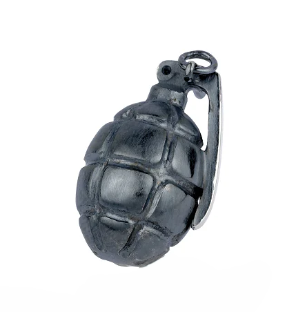 Close up picture of dark grey hand grenade link Booming.