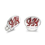 Sterling-silver-Welsh-dragon-cufflinks-oval-polished-flat-Silver-with-inlaid-red-vitrious-enamelled-dragon-and-Sprug-oval-polished-Backs