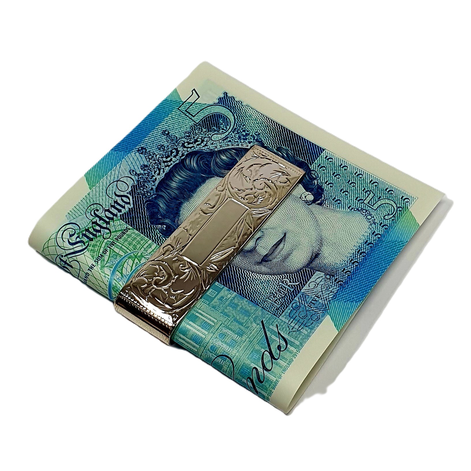 Hallmarked sterling silver scroll engraved money clip with a plain rectangular centred cartouche suitable for initials—front view pictured with a five-pound note at an angle with a white background.