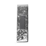 Hallmarked sterling silver scroll-engraved money clip with a plain rectangular-centred cartouche suitable for initials—front view on a white background, order number MC00027.