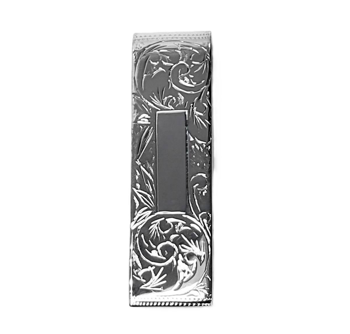 Hallmarked sterling silver scroll-engraved money clip with a plain rectangular-centred cartouche suitable for initials—front view on a white background, order number MC00027.