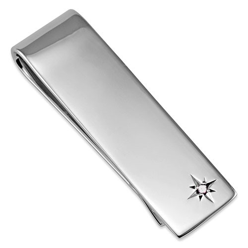 Real Sterling-Silver Diamond Money Clip a rectangular plain polished finish with a petite round sparkling to the right-hand bottom corner in a starburst setting