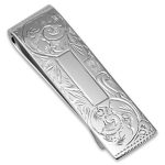 Real sterling silver hand-engraved money clip with a rectangular scroll pattern around a polished central plaque that can be engraved with initials if desired