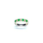 18ct White Gold Emerald & Diamond Eternity Ring RA00685 Four 2.8mm round emeralds and three 2.8mm round diamonds ring standing up to the front angled facing to the front.