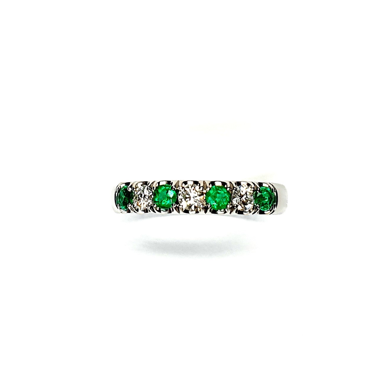 18ct White Gold Emerald & Diamond Eternity Ring RA00685 Four 2.8mm round emeralds and three 2.8mm round diamonds Birdseye view of the top.