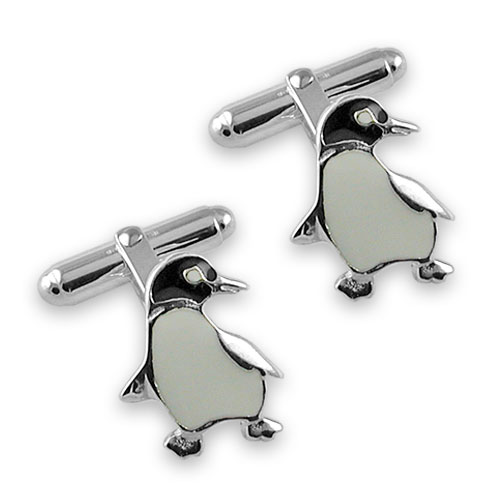 Sterling Silver Penguin Cufflinks with a black enamelled head and white enamelled body; the feet and flippers are polished silver, and they have swivel torpedo backs