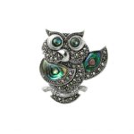 Designed and made in Britain in sterling silver and marcasites, this owl brooch is truly unique due to the use of multi-coloured abalone shell to the wings and eyes no two brooches are the same.