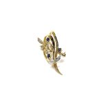 9ct yellow gold brooch with a sprig of seven leaves coming through a floral swirl of polished and barked yellow gold with three diamonds set into a small white rhodium section 