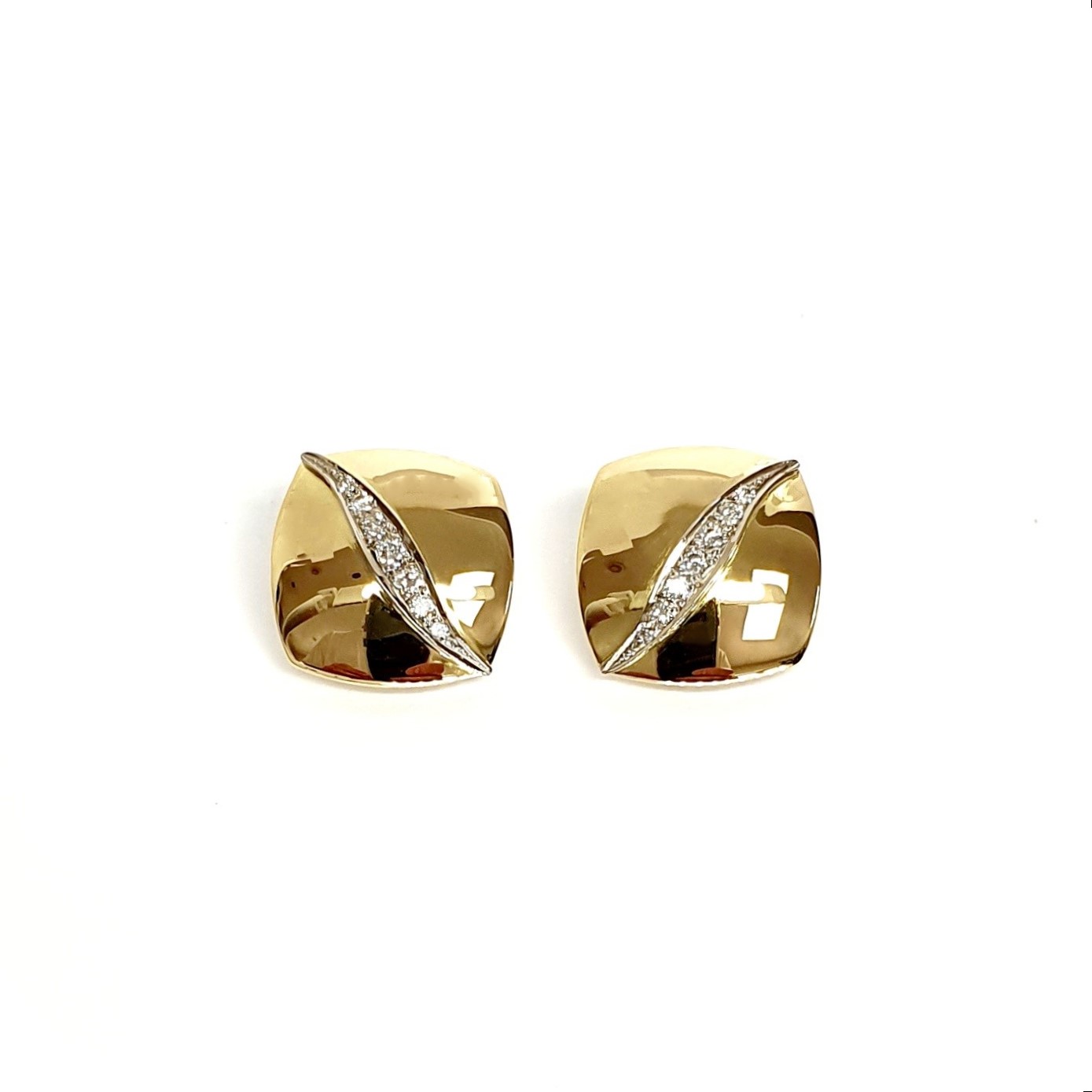 Measurements 16mm x 16mm. And 19mm corner to corner Handmade 18ct yellow gold curved cushion-shaped clip-on earrings with an 18ct white gold wave going from corner to corner set with seven graduated round white diamonds to each earring.