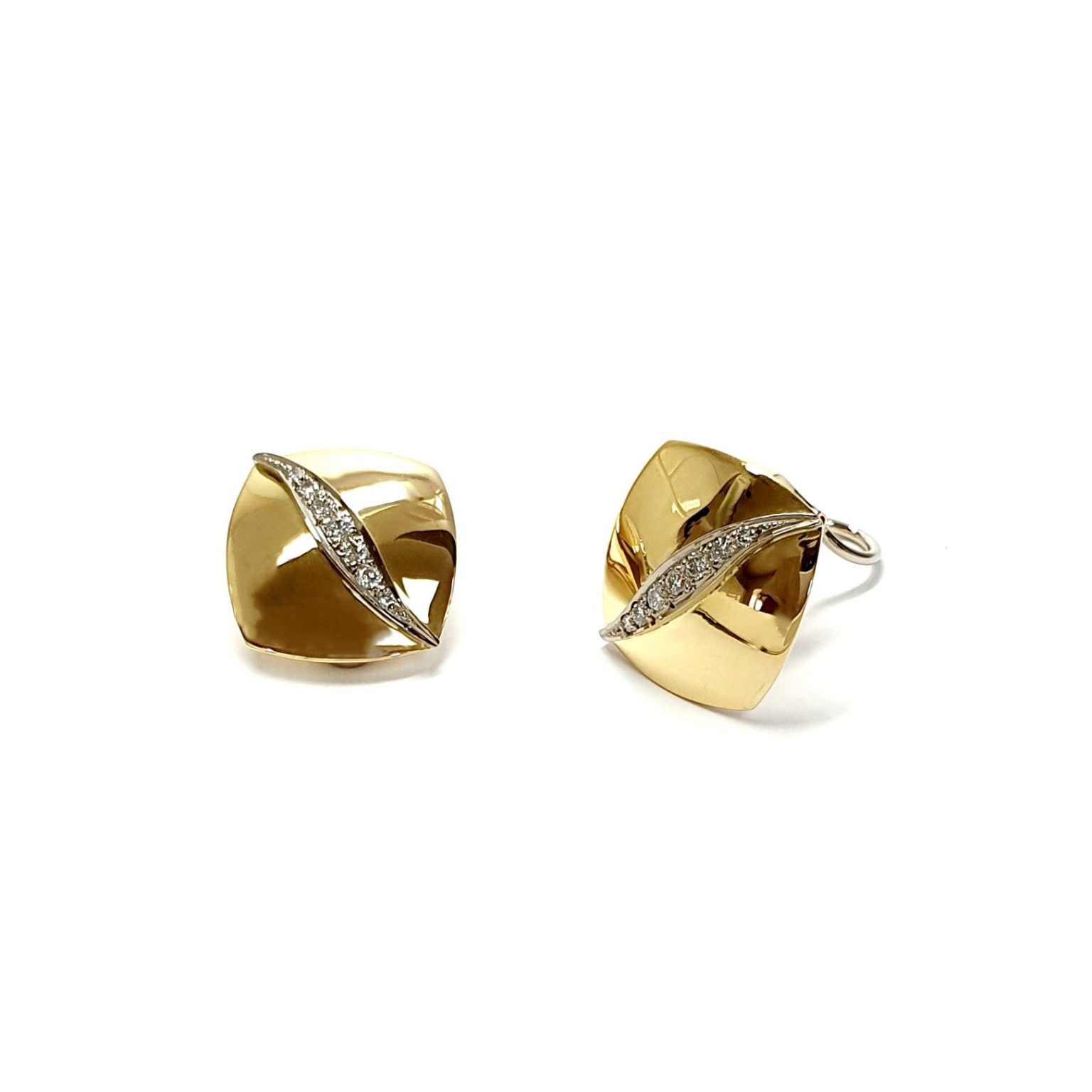Measurements 16mm x 16mm. And 19mm corner to corner Handmade 18ct yellow gold curved cushion-shaped clip-on earrings with an 18ct white gold wave going from corner to corner set with seven graduated round white diamonds to each earring.