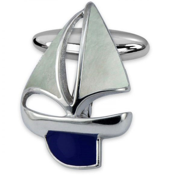 Silver sailing boat cufflinks with a polished silver hull, blue keel and white enamel sails evoke the essence of sailing. dimensions 25mm x 16mm