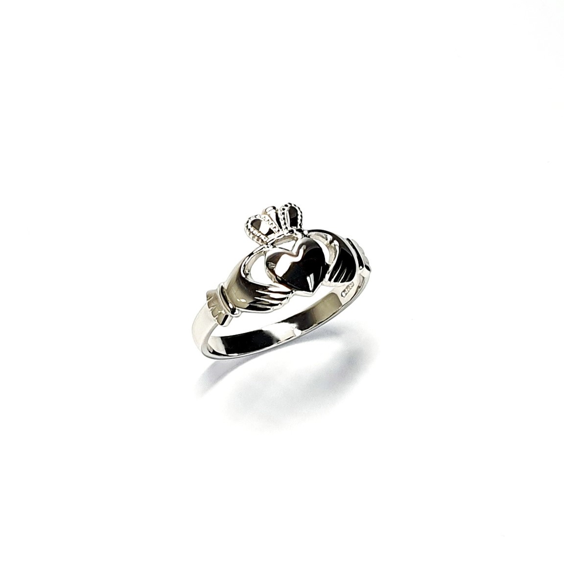 A 9ct white gold Claddagh ring (Irish fáinne Chladaigh) is a traditional Irish ring in which a heart represents love, the crown stands for loyalty, and two clasped hands symbolize friendship.