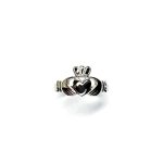 A 9ct white gold Claddagh ring (Irish fáinne Chladaigh) is a traditional Irish ring in which a heart represents love, the crown stands for loyalty, and two clasped hands symbolize friendship.