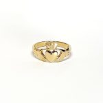 A 9ct yellow gold Claddagh ring (Irish fáinne Chladaigh) is a traditional Irish ring in which a heart represents love, the crown stands for loyalty, and two clasped hands symbolize friendship.