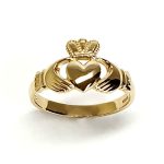 A 9ct yellow gold Claddagh ring (Irish fáinne Chladaigh) is a traditional Irish ring in which a heart represents love, the crown stands for loyalty, and two clasped hands symbolize friendship.