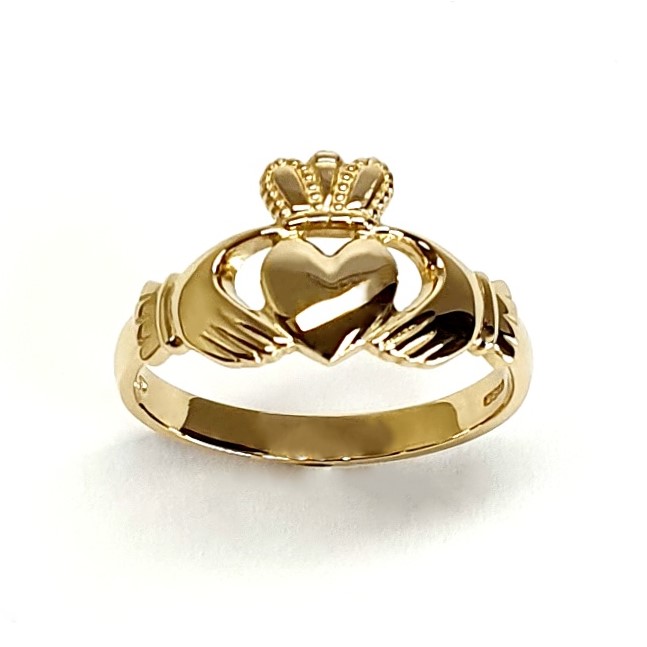 A 9ct yellow gold Claddagh ring (Irish fáinne Chladaigh) is a traditional Irish ring in which a heart represents love, the crown stands for loyalty, and two clasped hands symbolize friendship.