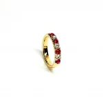 18ct yellow gold ruby and diamond half eternity ring set with three round white diamonds and four round blood red rubies, a solid tactile ring with rounded edges