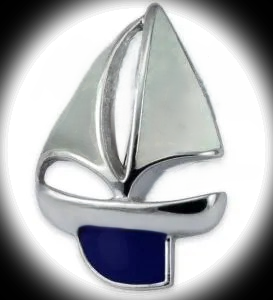 Silver sailing boat cufflinks with a polished silver hull, blue keel and white enamel sails evoke the essence of sailing. dimensions 25mm x 16mm pictured in a spot light showing front only