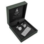 Bond-style sterling silver money clip and cufflinks set displayed in Douglas Pearl gift box on white background