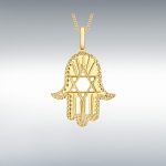 This Hamsa Pendant/necklace incorporates a cut-out design of a Star of David of filigree style with a diamond cut pattern for extra sparkle.