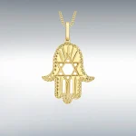 This Hamsa Pendant/necklace incorporates a cut-out design of a Star of David of filigree style with a diamond cut pattern for extra sparkle.