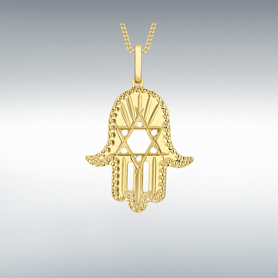 This Hamsa Pendant/necklace incorporates a cut-out design of a Star of David of filigree style with a diamond cut pattern for extra sparkle.