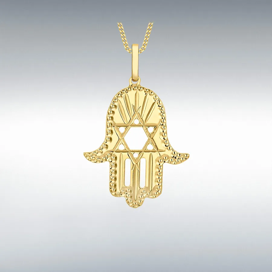 This Hamsa Pendant/necklace incorporates a cut-out design of a Star of David of filigree style with a diamond cut pattern for extra sparkle.