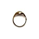 The City of London Jewellers presents the Eyemouth heavy 9ct yellow gold 12mm x 10mm oval Tigers Eye with a slightly curved top rub-over set into a plain polished signet ring, side view.
