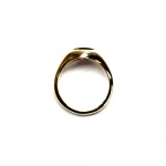 The City of London Jewellers presents the Eyemouth heavy 9ct yellow gold 12mm x 10mm oval Tigers Eye with a slightly curved top rub-over set into a plain polished signet ring, side view.