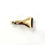 The City of London Jewellers presents the Eyemouth heavy 9ct yellow gold 12mm x 10mm oval Tigers Eye with a slightly curved top rub-over set into a plain polished signet ring, shoulder view facing right.