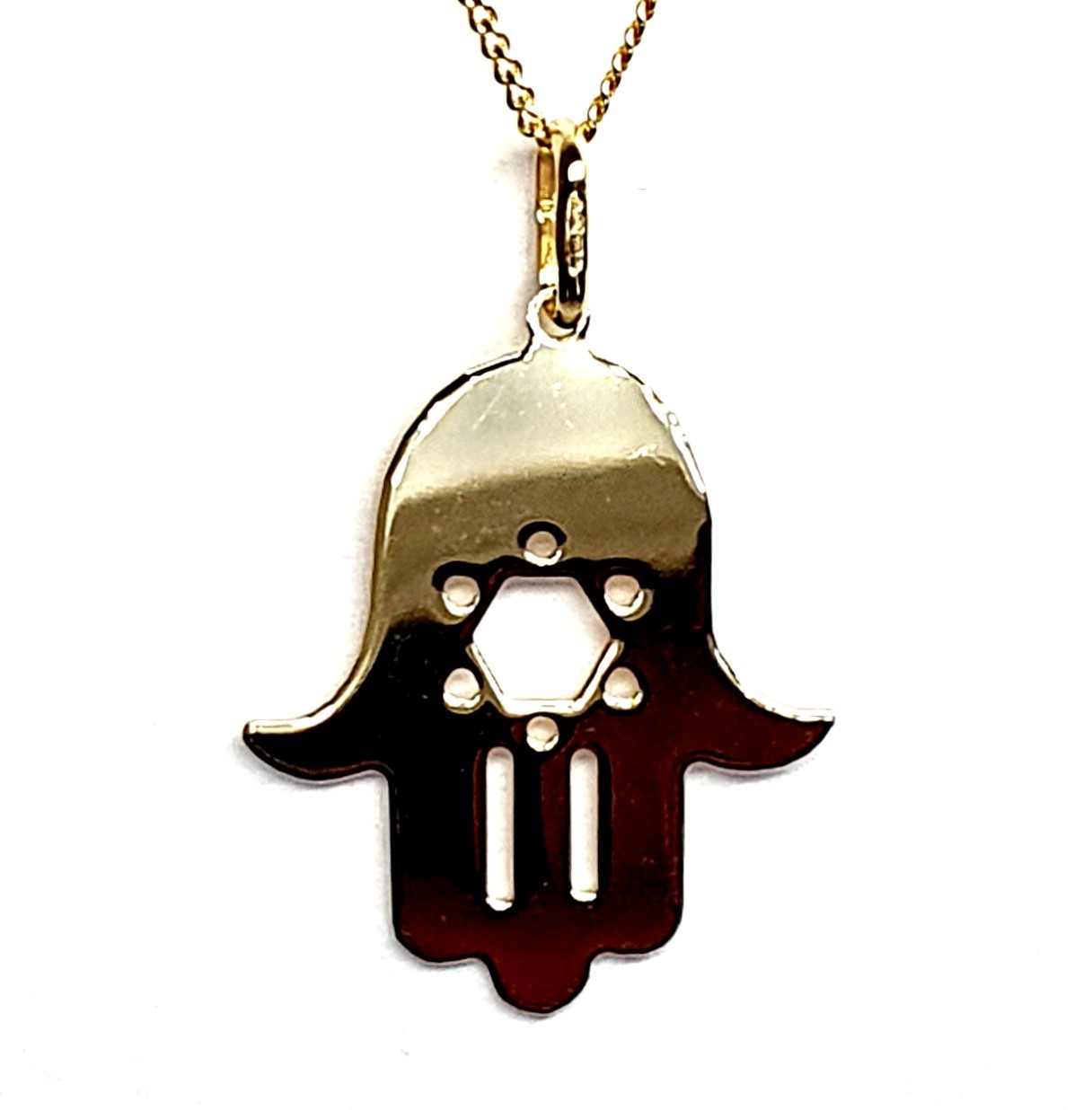 This Hamsa Pendant/necklace incorporates a cut-out design of a Star of David of filigree style with a diamond cut pattern for extra sparkle. Back view